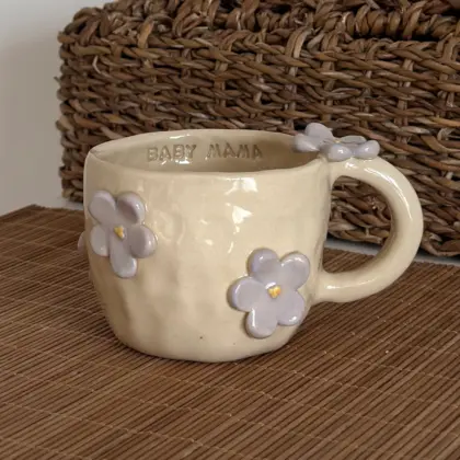Medium Purple Flowers Mug "Baby Mama"